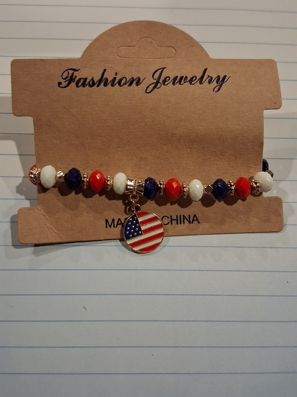 Fashion Jewelry Red, White & Blue Beaded Bracelet with Flag Charm